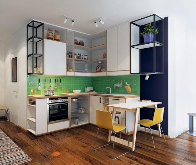 Giấy dán tường với màu sắc nổi bật giúp căn bếp ấn tượng hơn