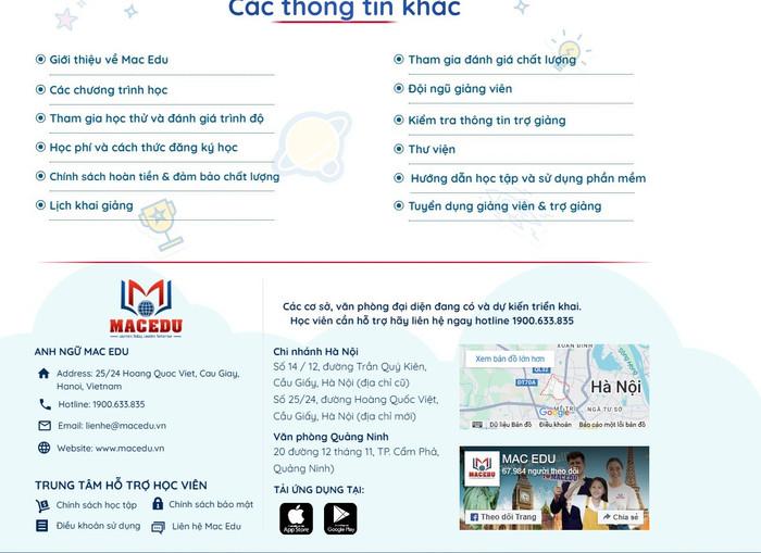 Anh ngữ MAC EDU quảng bá về trụ sở, chi nhánh, văn phòng. Ảnh chụp website trong tháng 6