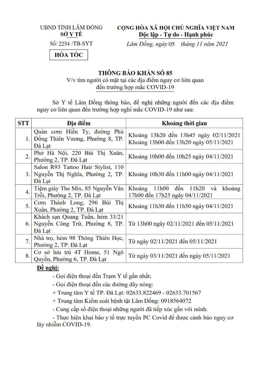 THÔNG BÁO KHẨN SỐ 85 đã được lan truyền trên khắp Đà Lạt, với mục đích tìm kiếm người địa phương. Nếu bạn là người địa phương hay biết thông tin gì đó liên quan đến THÔNG BÁO NÀY, hãy đến ngay các địa điểm được liệt kê để giúp đỡ và hỗ trợ cộng đồng.