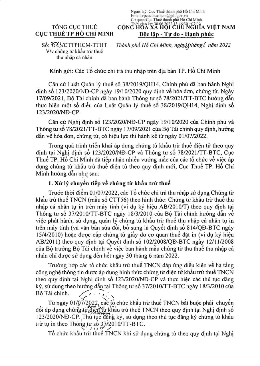 Công văn số 7563/CTTPHCM-TTHT ngày 29/06/2022 của Cục Thuế TP. HCM về chứng từ khấu trừ thuế thu nhập cá nhân